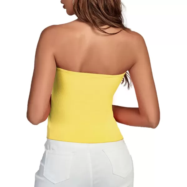 imageLYANER Womens Ribbed Knit Side Drawstring Off Shoulder Bandeau Strapless Tube TopYellow