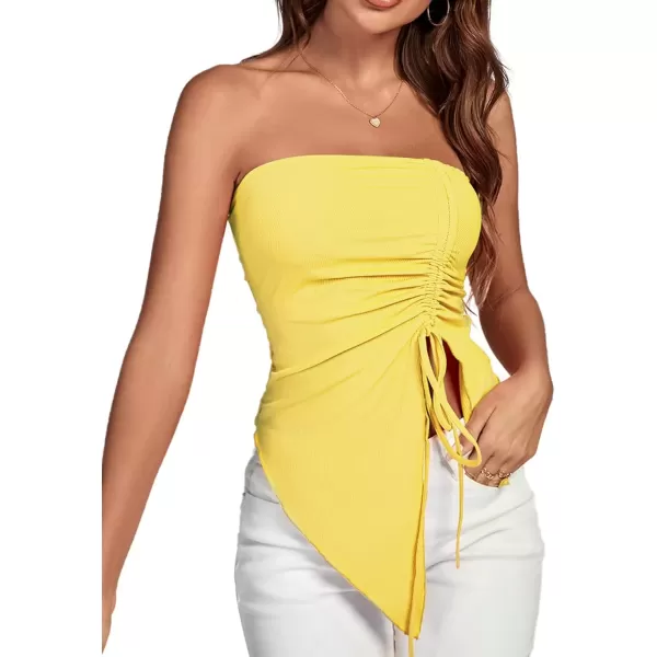 imageLYANER Womens Ribbed Knit Side Drawstring Off Shoulder Bandeau Strapless Tube TopYellow