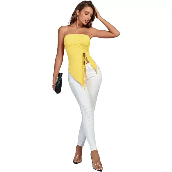 imageLYANER Womens Ribbed Knit Side Drawstring Off Shoulder Bandeau Strapless Tube TopYellow