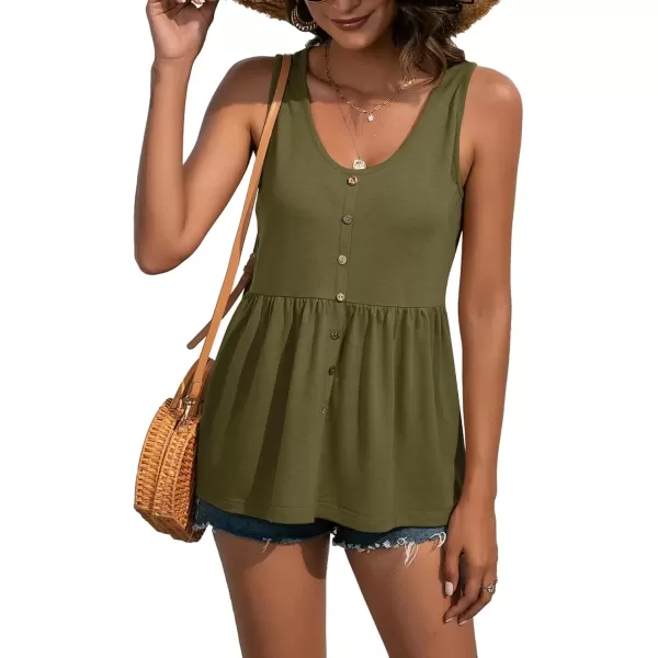 imageLYANER Womens Round Neck Ruffle Hem Button Sleeveless Tank Blouse Peplum TopArmy Green