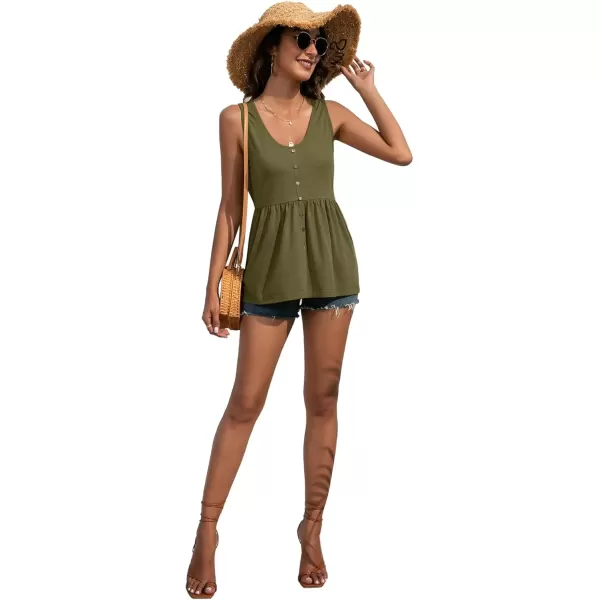 imageLYANER Womens Round Neck Ruffle Hem Button Sleeveless Tank Blouse Peplum TopArmy Green