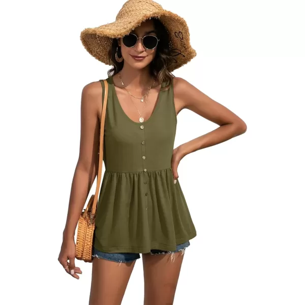 imageLYANER Womens Round Neck Ruffle Hem Button Sleeveless Tank Blouse Peplum TopArmy Green