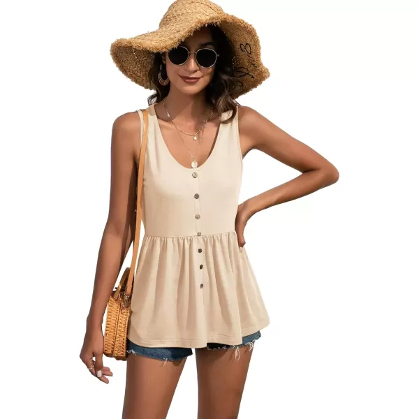 imageLYANER Womens Round Neck Ruffle Hem Button Sleeveless Tank Blouse Peplum TopBeige