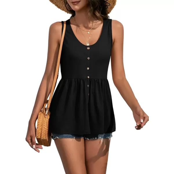 imageLYANER Womens Round Neck Ruffle Hem Button Sleeveless Tank Blouse Peplum TopBlack