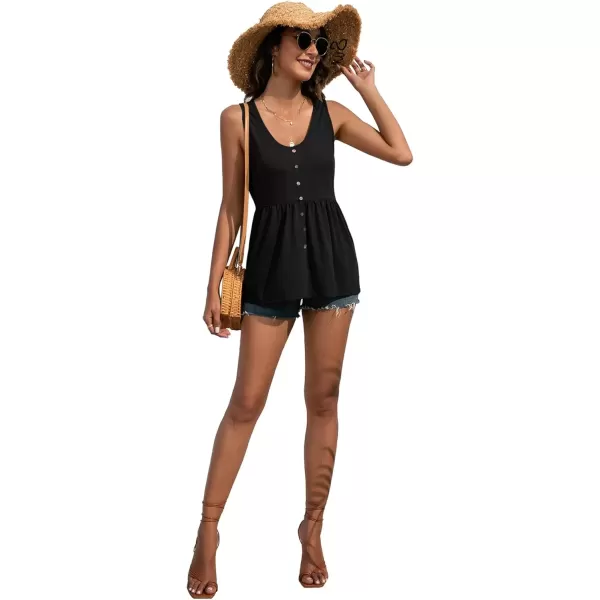 imageLYANER Womens Round Neck Ruffle Hem Button Sleeveless Tank Blouse Peplum TopBlack