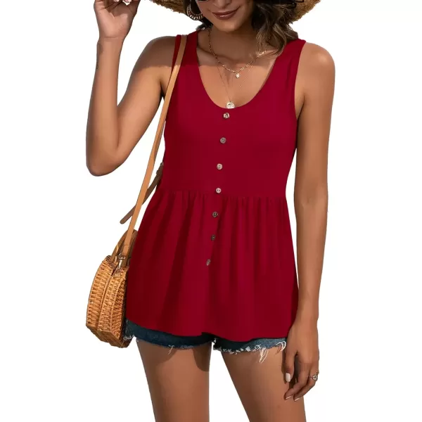 imageLYANER Womens Round Neck Ruffle Hem Button Sleeveless Tank Blouse Peplum TopBurgundy
