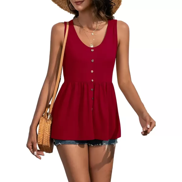 imageLYANER Womens Round Neck Ruffle Hem Button Sleeveless Tank Blouse Peplum TopBurgundy