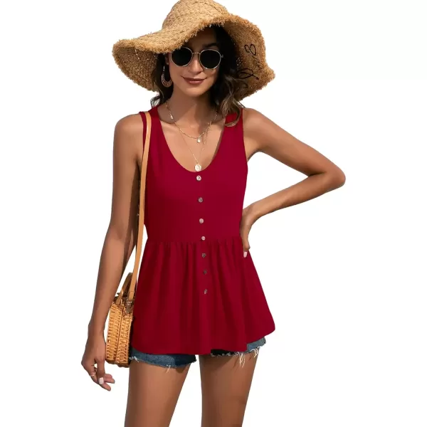 imageLYANER Womens Round Neck Ruffle Hem Button Sleeveless Tank Blouse Peplum TopBurgundy