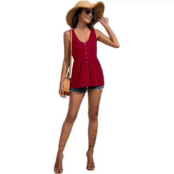imageLYANER Womens Round Neck Ruffle Hem Button Sleeveless Tank Blouse Peplum TopBurgundy
