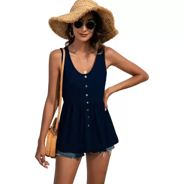 imageLYANER Womens Round Neck Ruffle Hem Button Sleeveless Tank Blouse Peplum TopDark Blue