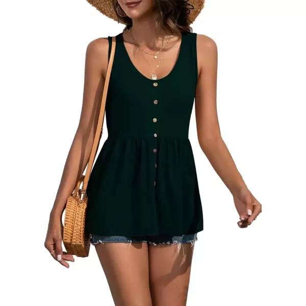 imageLYANER Womens Round Neck Ruffle Hem Button Sleeveless Tank Blouse Peplum TopDark Green