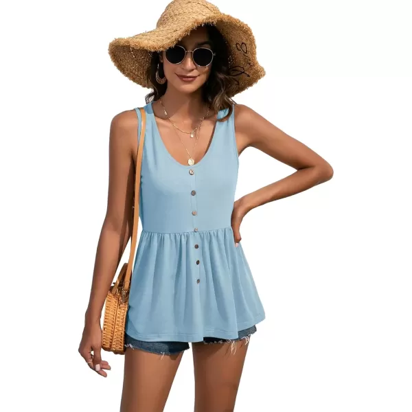 imageLYANER Womens Round Neck Ruffle Hem Button Sleeveless Tank Blouse Peplum TopLight Blue