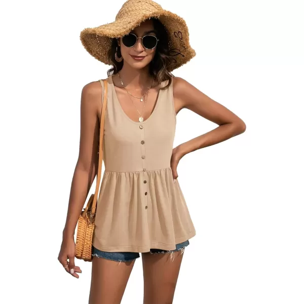 imageLYANER Womens Round Neck Ruffle Hem Button Sleeveless Tank Blouse Peplum TopLight Khaki