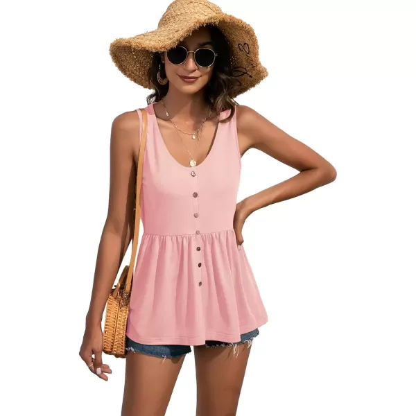 imageLYANER Womens Round Neck Ruffle Hem Button Sleeveless Tank Blouse Peplum TopLight Pink