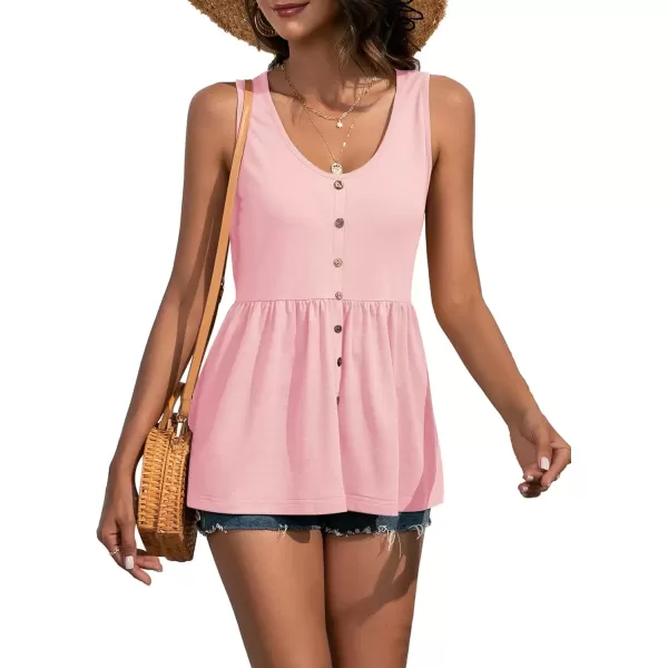 imageLYANER Womens Round Neck Ruffle Hem Button Sleeveless Tank Blouse Peplum TopLight Pink