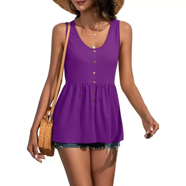 imageLYANER Womens Round Neck Ruffle Hem Button Sleeveless Tank Blouse Peplum TopPurple