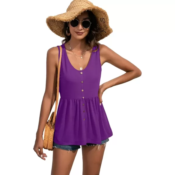imageLYANER Womens Round Neck Ruffle Hem Button Sleeveless Tank Blouse Peplum TopPurple