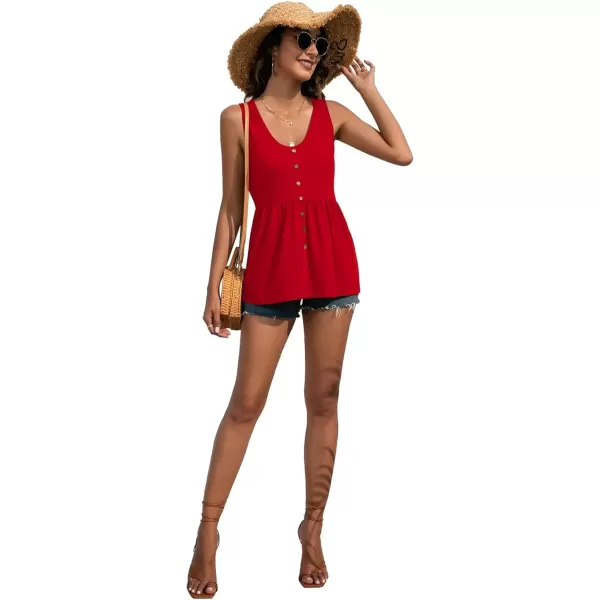 imageLYANER Womens Round Neck Ruffle Hem Button Sleeveless Tank Blouse Peplum TopRed