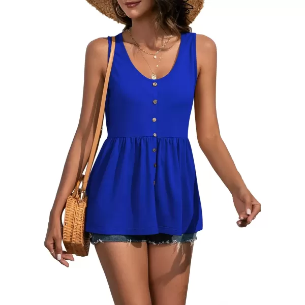 imageLYANER Womens Round Neck Ruffle Hem Button Sleeveless Tank Blouse Peplum TopRoyal Blue