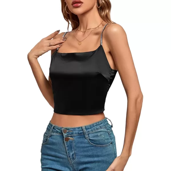 imageLYANER Womens Satin Rinestone Spaghetti Straps Square Neck Sleeveless Cami Crop TopBlack