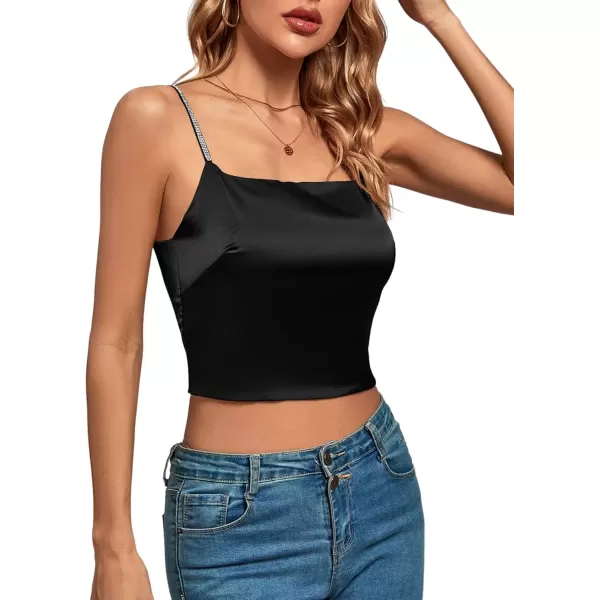 imageLYANER Womens Satin Rinestone Spaghetti Straps Square Neck Sleeveless Cami Crop TopBlack