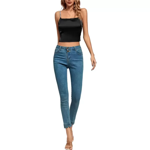 imageLYANER Womens Satin Rinestone Spaghetti Straps Square Neck Sleeveless Cami Crop TopBlack