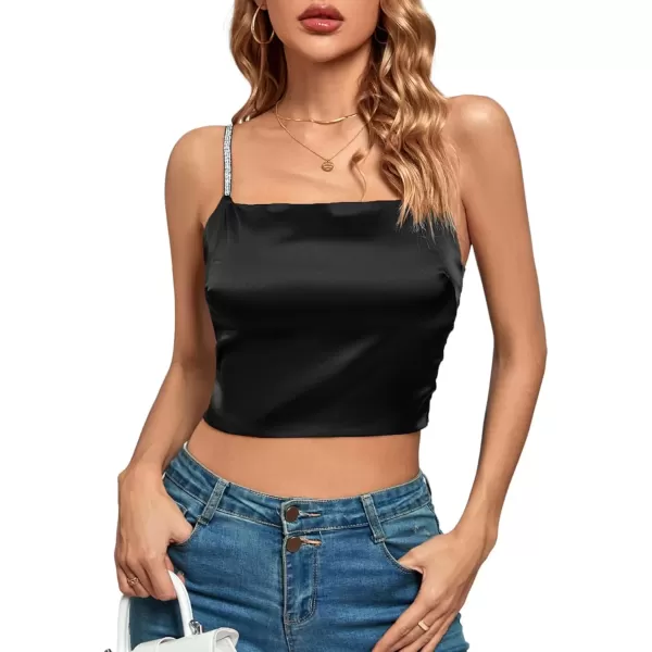 imageLYANER Womens Satin Rinestone Spaghetti Straps Square Neck Sleeveless Cami Crop TopBlack