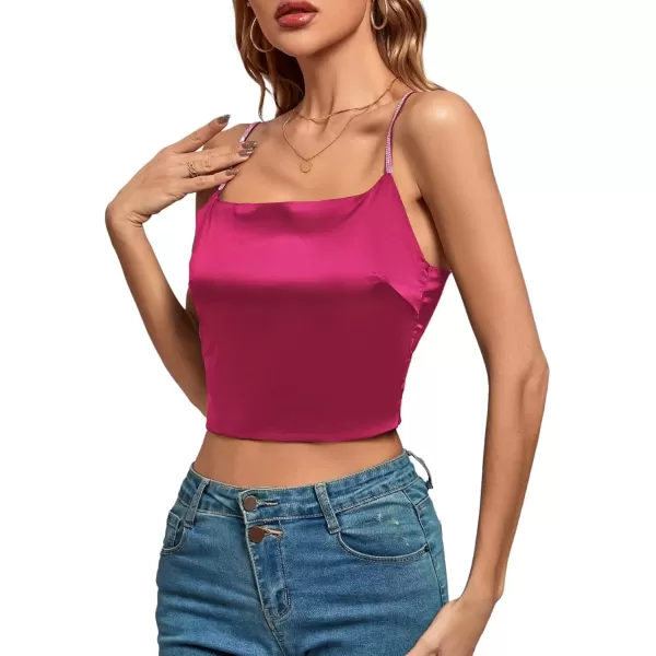 imageLYANER Womens Satin Rinestone Spaghetti Straps Square Neck Sleeveless Cami Crop TopDark Rose