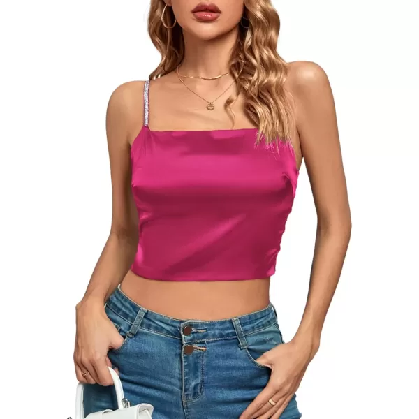 imageLYANER Womens Satin Rinestone Spaghetti Straps Square Neck Sleeveless Cami Crop TopDark Rose