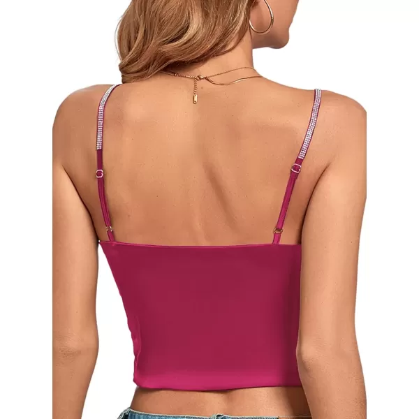 imageLYANER Womens Satin Rinestone Spaghetti Straps Square Neck Sleeveless Cami Crop TopDark Rose