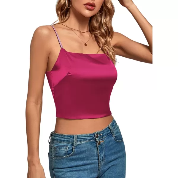 imageLYANER Womens Satin Rinestone Spaghetti Straps Square Neck Sleeveless Cami Crop TopDark Rose