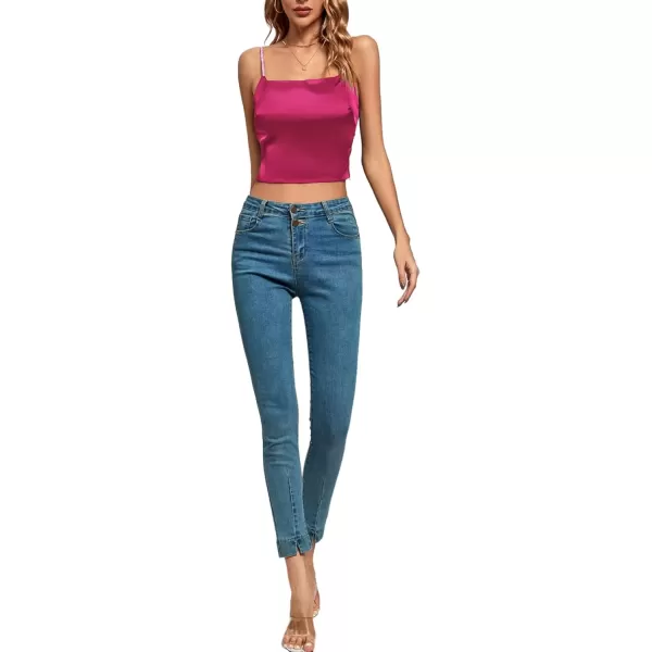 imageLYANER Womens Satin Rinestone Spaghetti Straps Square Neck Sleeveless Cami Crop TopDark Rose