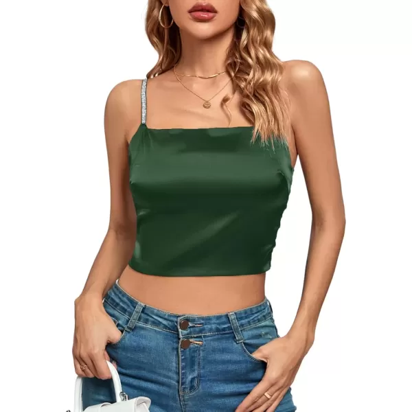 imageLYANER Womens Satin Rinestone Spaghetti Straps Square Neck Sleeveless Cami Crop TopGreen