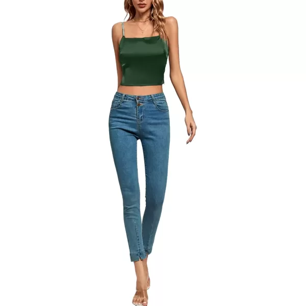 imageLYANER Womens Satin Rinestone Spaghetti Straps Square Neck Sleeveless Cami Crop TopGreen