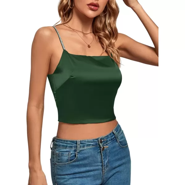 imageLYANER Womens Satin Rinestone Spaghetti Straps Square Neck Sleeveless Cami Crop TopGreen