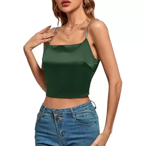 imageLYANER Womens Satin Rinestone Spaghetti Straps Square Neck Sleeveless Cami Crop TopGreen