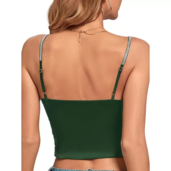 imageLYANER Womens Satin Rinestone Spaghetti Straps Square Neck Sleeveless Cami Crop TopGreen