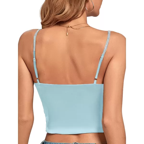 imageLYANER Womens Satin Rinestone Spaghetti Straps Square Neck Sleeveless Cami Crop TopLight Blue
