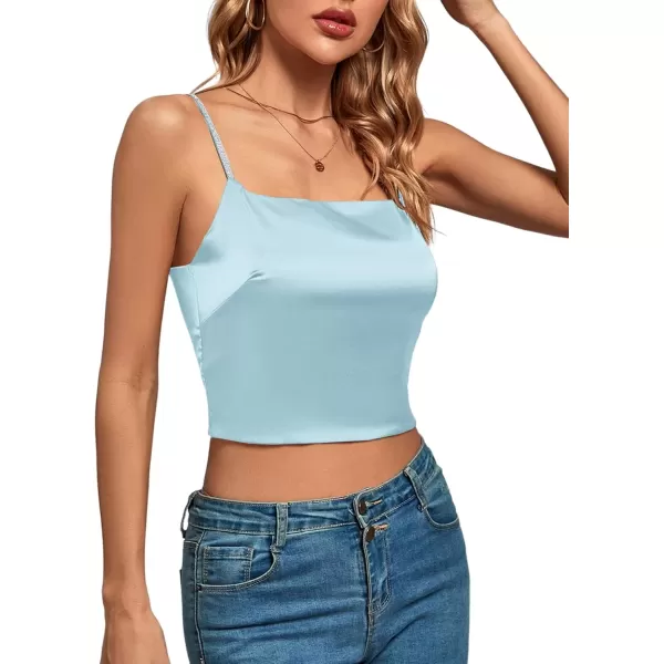 imageLYANER Womens Satin Rinestone Spaghetti Straps Square Neck Sleeveless Cami Crop TopLight Blue