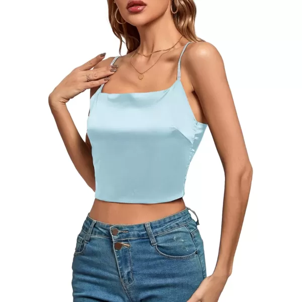 imageLYANER Womens Satin Rinestone Spaghetti Straps Square Neck Sleeveless Cami Crop TopLight Blue