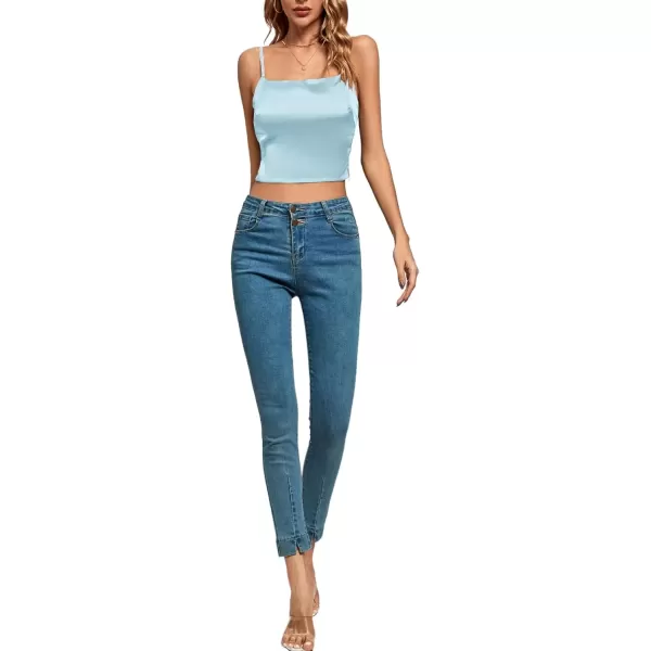 imageLYANER Womens Satin Rinestone Spaghetti Straps Square Neck Sleeveless Cami Crop TopLight Blue