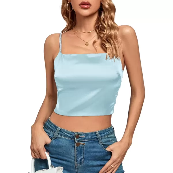 imageLYANER Womens Satin Rinestone Spaghetti Straps Square Neck Sleeveless Cami Crop TopLight Blue