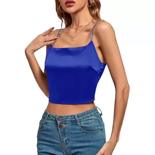 imageLYANER Womens Satin Rinestone Spaghetti Straps Square Neck Sleeveless Cami Crop TopRoyal Blue