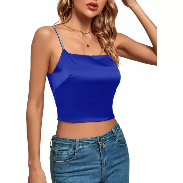 imageLYANER Womens Satin Rinestone Spaghetti Straps Square Neck Sleeveless Cami Crop TopRoyal Blue