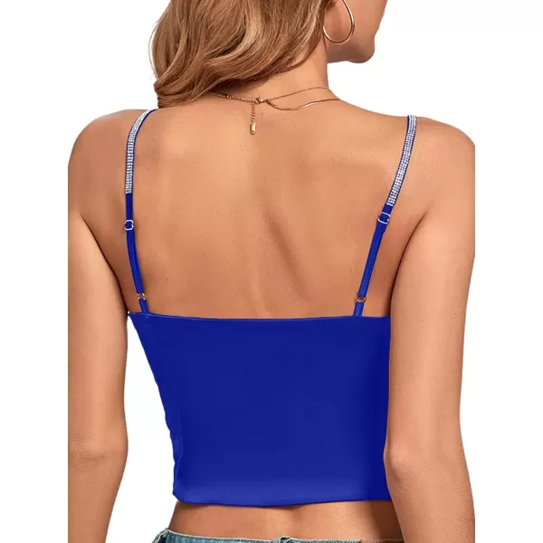 imageLYANER Womens Satin Rinestone Spaghetti Straps Square Neck Sleeveless Cami Crop TopRoyal Blue
