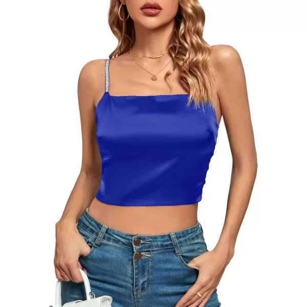 imageLYANER Womens Satin Rinestone Spaghetti Straps Square Neck Sleeveless Cami Crop TopRoyal Blue