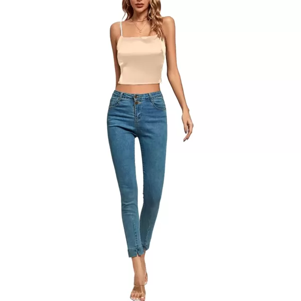 imageLYANER Womens Satin Rinestone Spaghetti Straps Square Neck Sleeveless Cami Crop TopSolid Champagne
