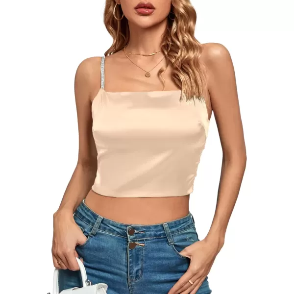 imageLYANER Womens Satin Rinestone Spaghetti Straps Square Neck Sleeveless Cami Crop TopSolid Champagne