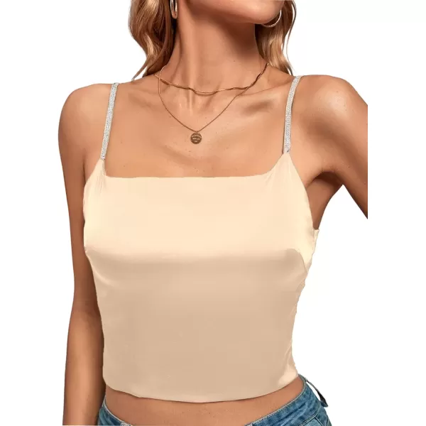 imageLYANER Womens Satin Rinestone Spaghetti Straps Square Neck Sleeveless Cami Crop TopSolid Champagne