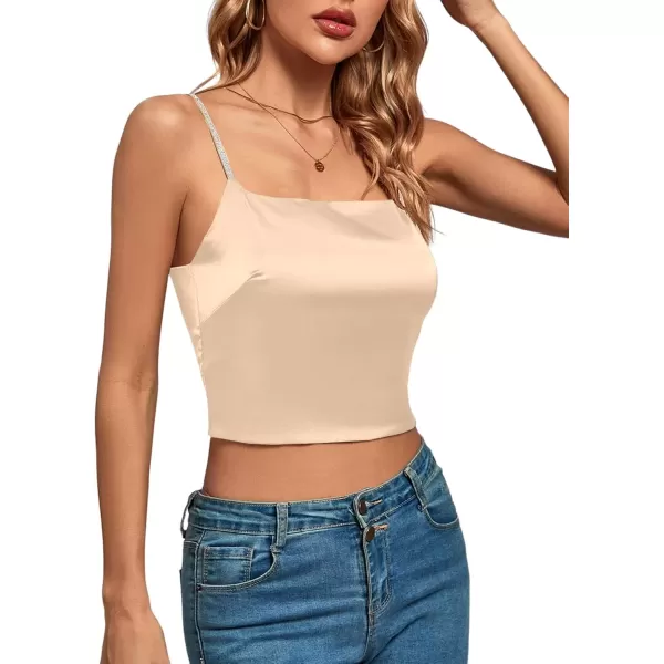 imageLYANER Womens Satin Rinestone Spaghetti Straps Square Neck Sleeveless Cami Crop TopSolid Champagne